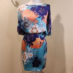 BISOU BISOU Floral Print Satin Dress in Blue and Orange size 6